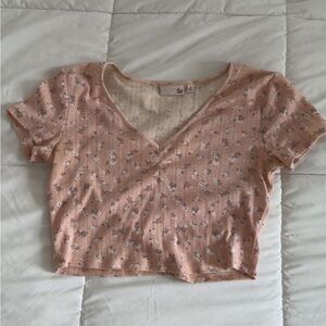 SO Peach Floral Ribbed V-Neck Crop Top